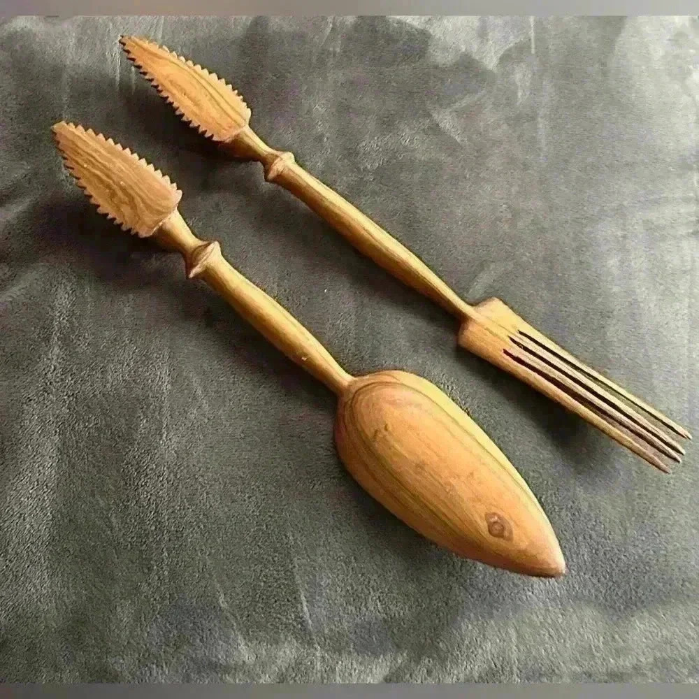 2 for $30 💎𝅺VINTAGE Hand  Carved African Tribal Art Fork & Spoon - Picture 5 of 15